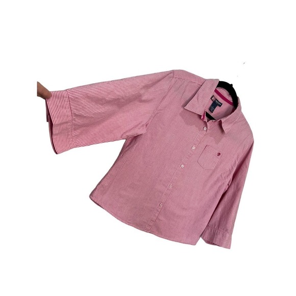 Duck Head Pink Striped Button Down Shirt Womens Size XL Pleated 3/4 Sleeves - Picture 2 of 8
